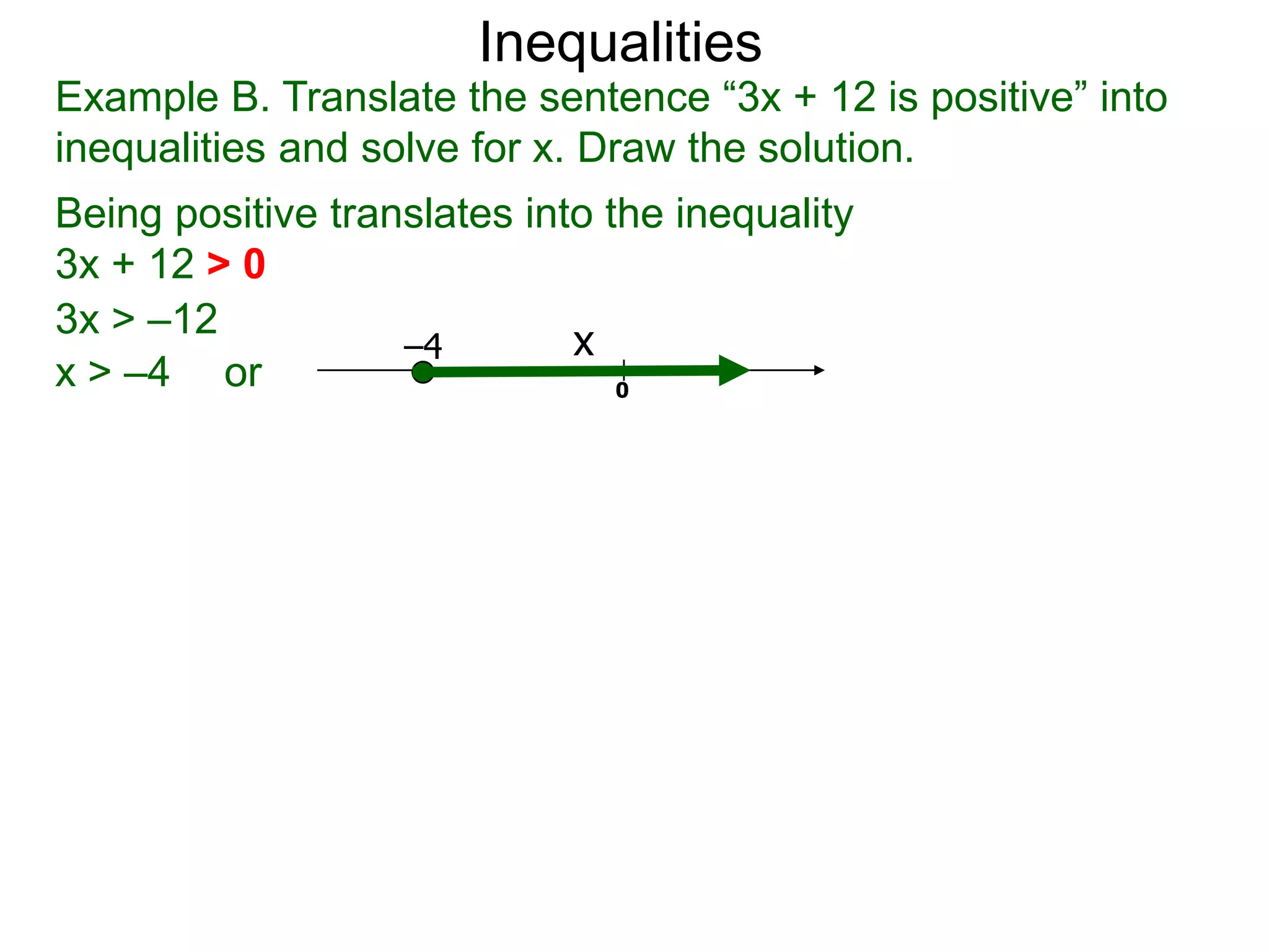 Inequalities
Example B. Translate the sentence “3x + 12 is positive” into
inequalities and solve for x. Draw the solution.
Being positive translates into the inequality
3x + 12 > 0
3x > –12
                   –4        x
x > –4 or                       0
 