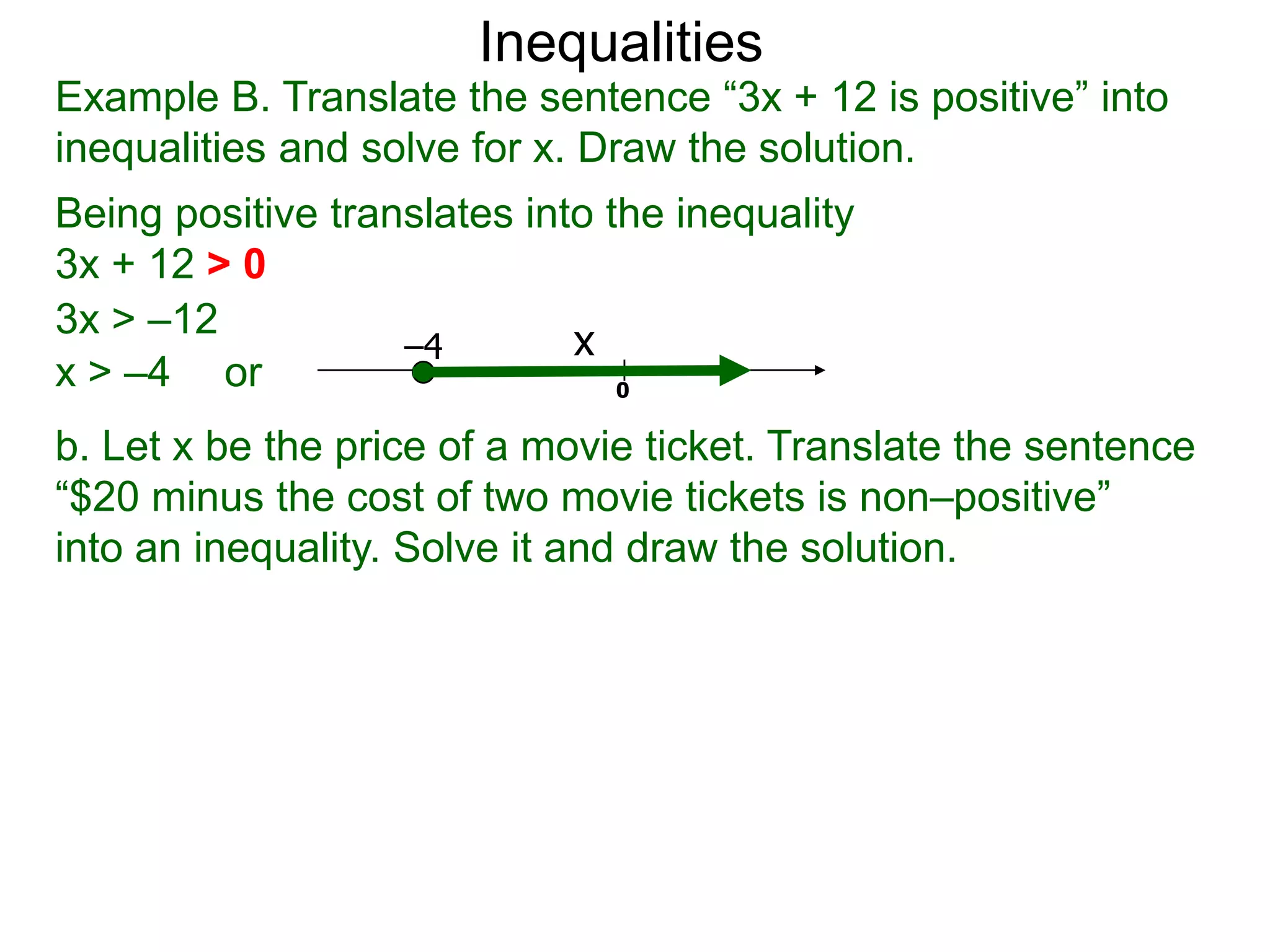 Inequalities
Example B. Translate the sentence “3x + 12 is positive” into
inequalities and solve for x. Draw the solution.
Being positive translates into the inequality
3x + 12 > 0
3x > –12
                   –4        x
x > –4 or                       0

b. Let x be the price of a movie ticket. Translate the sentence
“$20 minus the cost of two movie tickets is non–positive”
into an inequality. Solve it and draw the solution.
 