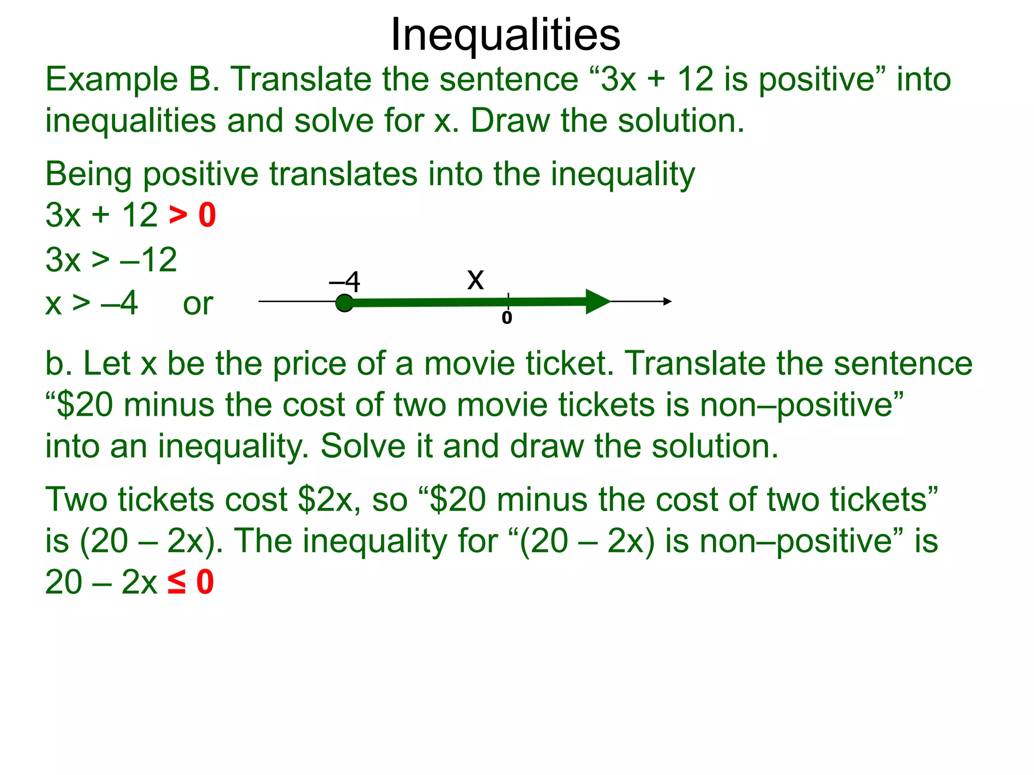 Inequalities
Example B. Translate the sentence “3x + 12 is positive” into
inequalities and solve for x. Draw the solution.
Being positive translates into the inequality
3x + 12 > 0
3x > –12
                   –4        x
x > –4 or                       0

b. Let x be the price of a movie ticket. Translate the sentence
“$20 minus the cost of two movie tickets is non–positive”
into an inequality. Solve it and draw the solution.
Two tickets cost $2x, so “$20 minus the cost of two tickets”
is (20 – 2x). The inequality for “(20 – 2x) is non–positive” is
20 – 2x ≤ 0
 
