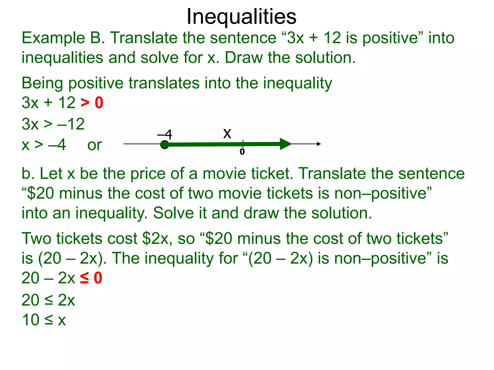 Inequalities
Example B. Translate the sentence “3x + 12 is positive” into
inequalities and solve for x. Draw the solution.
Being positive translates into the inequality
3x + 12 > 0
3x > –12
                   –4        x
x > –4 or                       0

b. Let x be the price of a movie ticket. Translate the sentence
“$20 minus the cost of two movie tickets is non–positive”
into an inequality. Solve it and draw the solution.
Two tickets cost $2x, so “$20 minus the cost of two tickets”
is (20 – 2x). The inequality for “(20 – 2x) is non–positive” is
20 – 2x ≤ 0
20 ≤ 2x
10 ≤ x
 