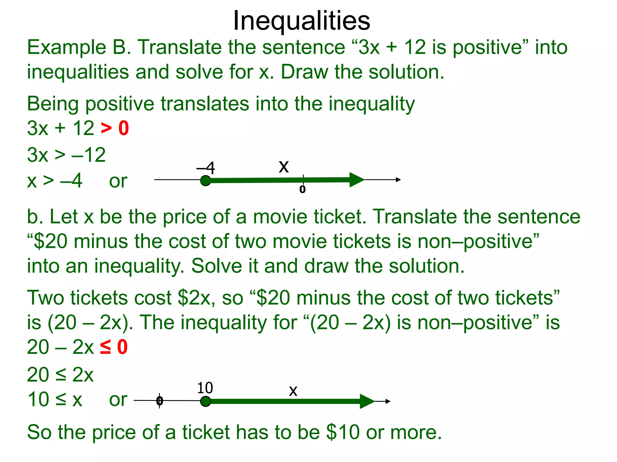 Inequalities
Example B. Translate the sentence “3x + 12 is positive” into
inequalities and solve for x. Draw the solution.
Being positive translates into the inequality
3x + 12 > 0
3x > –12
                   –4        x
x > –4 or                       0

b. Let x be the price of a movie ticket. Translate the sentence
“$20 minus the cost of two movie tickets is non–positive”
into an inequality. Solve it and draw the solution.
Two tickets cost $2x, so “$20 minus the cost of two tickets”
is (20 – 2x). The inequality for “(20 – 2x) is non–positive” is
20 – 2x ≤ 0
20 ≤ 2x
                    10         x
10 ≤ x or 0
So the price of a ticket has to be $10 or more.
 