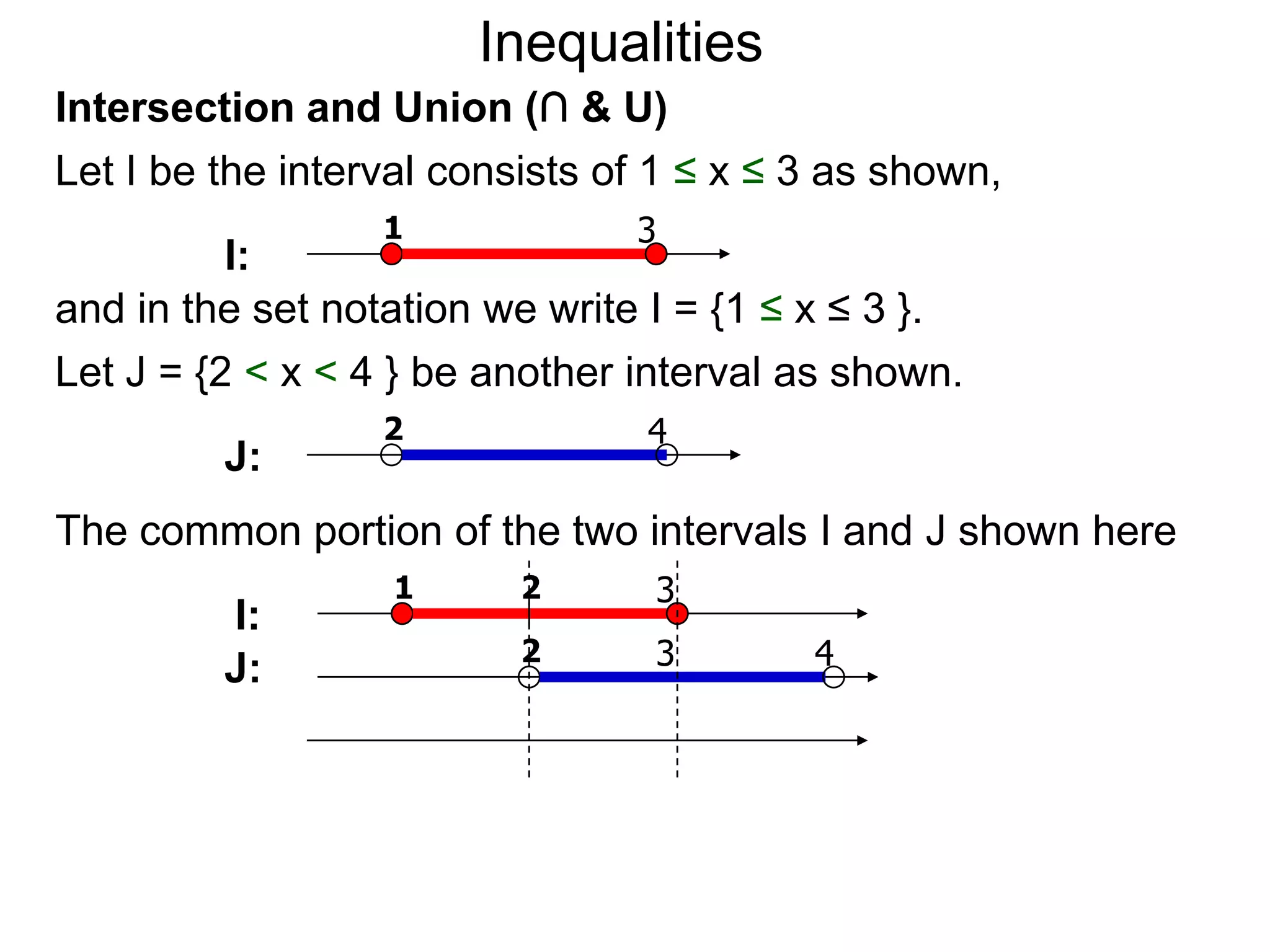 Inequalities
Intersection and Union (∩ & U)
Let I be the interval consists of 1 ≤ x ≤ 3 as shown,
                  1             3
          I:
and in the set notation we write I = {1 ≤ x ≤ 3 }.
Let J = {2 < x < 4 } be another interval as shown.
                  2              4
         J:
The common portion of the two intervals I and J shown here
                  1       2      3
         I:
                          2      3        4
         J:
 