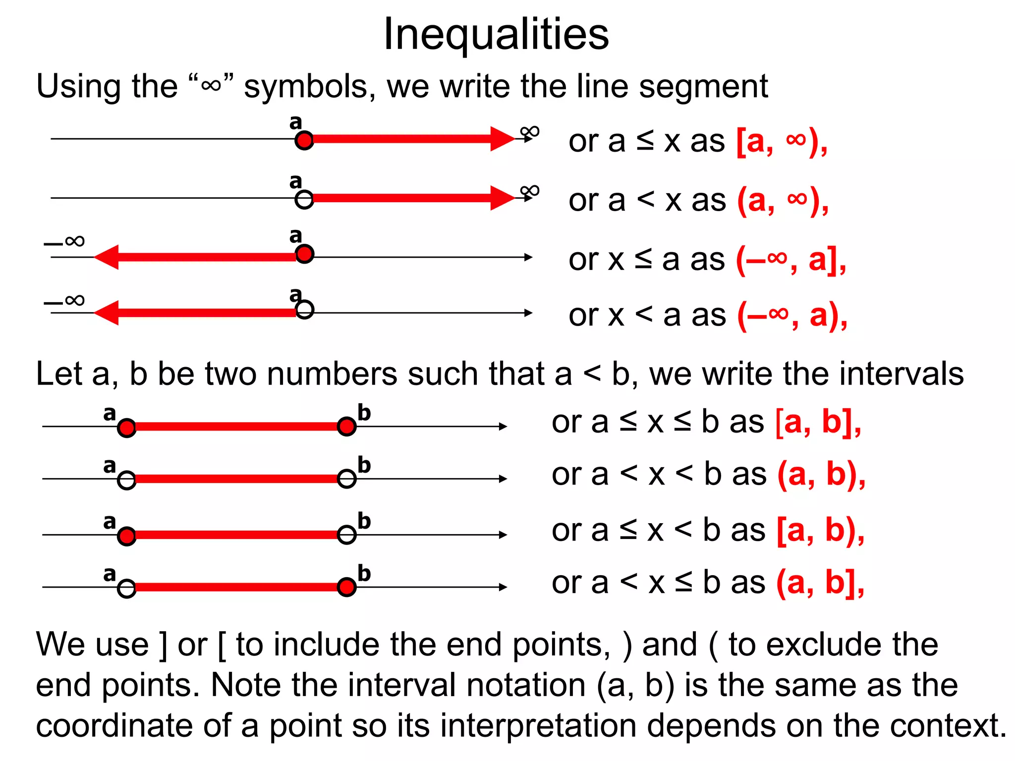Inequalities
Using the “∞” symbols, we write the line segment
                a
                                ∞ or a ≤ x as [a, ∞),
                 a
                                 ∞ or a < x as (a, ∞),
–∞               a
                                    or x ≤ a as (–∞, a],
–∞               a
                                    or x < a as (–∞, a),
Let a, b be two numbers such that a < b, we write the intervals
     a              b
                                  or a ≤ x ≤ b as [a, b],
     a                b
                                   or a < x < b as (a, b),
     a                b
                                   or a ≤ x < b as [a, b),
     a                b
                                   or a < x ≤ b as (a, b],
We use ] or [ to include the end points, ) and ( to exclude the
end points. Note the interval notation (a, b) is the same as the
coordinate of a point so its interpretation depends on the context.
 