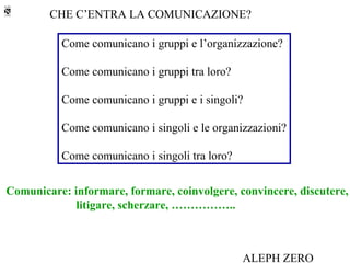 CHE C’ENTRA LA COMUNICAZIONE?

          Come comunicano i gruppi e l’organizzazione?

          Come comunicano i gruppi tra loro?

          Come comunicano i gruppi e i singoli?

          Come comunicano i singoli e le organizzazioni?

          Come comunicano i singoli tra loro?


Comunicare: informare, formare, coinvolgere, convincere, discutere,
            litigare, scherzare, ……………..



                                                ALEPH ZERO
 