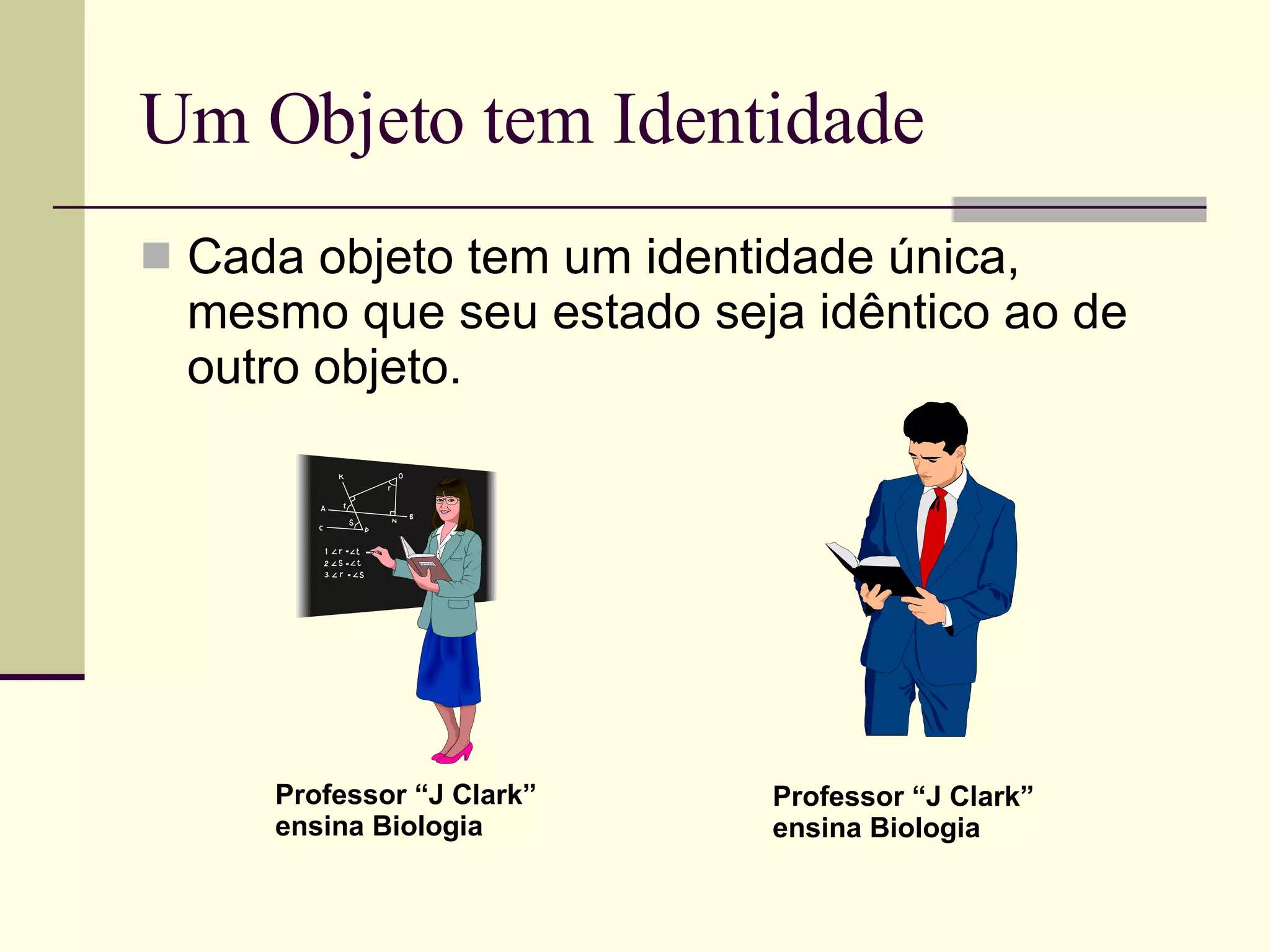 Um Objeto tem Identidade Cada objeto tem um identidade única, mesmo que seu estado seja idêntico ao de outro objeto. Professor “J Clark” ensina Biologia Professor “J Clark” ensina Biologia 