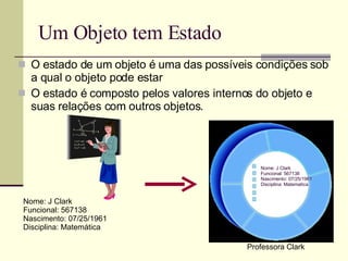 Um Objeto tem Estado O estado de um objeto é uma das possíveis condições sob a qual o objeto pode estar O estado é composto pelos valores internos do objeto e suas relações com outros objetos. Nome: J Clark Funcional: 567138 Nascimento: 07/25/1961 Disciplina: Matemática Professora Clark Nome: J Clark Funcional: 567138 Nascimento: 07/25/1961 Disciplina: Matematica 