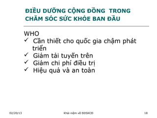 ĐIỀU DƯỠNG CỘNG ĐỒNG TRONG
           CHĂM SÓC SỨC KHỎE BAN ĐẦU

           WHO
            Cần thiết cho quốc gia chậm phát
             triển
            Giảm tải tuyến trên
            Giảm chi phí điều trị
            Hiệu quả và an toàn




02/20/13               Khái niệm về ĐDSKCĐ      18
 