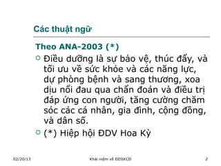 Các thuật ngữ

           Theo ANA-2003 (*)
              Điều dưỡng là sự bảo vệ, thúc đẩy, và
               tối ưu về sức khỏe và các năng lực,
               dự phòng bệnh và sang thương, xoa
               dịu nổi đau qua chẩn đoán và điều trị
               đáp ứng con người, tăng cường chăm
               sóc các cá nhân, gia đình, cộng đồng,
               và dân số.
              (*) Hiệp hội ĐDV Hoa Kỳ

02/20/13                 Khái niệm về ĐDSKCĐ       2
 