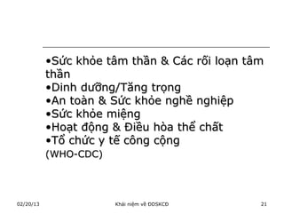 •Sức khỏe tâm thần & Các rối loạn tâm
           thần
           •Dinh dưỡng/Tăng trọng
           •An toàn & Sức khỏe nghề nghiệp
           •Sức khỏe miệng
           •Hoạt động & Điều hòa thể chất
           •Tổ chức y tế công cộng
           (WHO-CDC)




02/20/13               Khái niệm về ĐDSKCĐ     21
 
