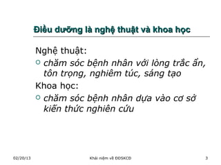Điều dưỡng là nghệ thuật và khoa học

           Nghệ thuật:
            chăm sóc bệnh nhân với lòng trắc ẩn,
             tôn trọng, nghiêm túc, sáng tạo
           Khoa học:
            chăm sóc bệnh nhân dựa vào cơ sở

             kiến thức nghiên cứu




02/20/13               Khái niệm về ĐDSKCĐ        3
 