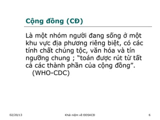 Cộng đồng (CĐ)

           Là một nhóm người đang sống ở một
           khu vực địa phương riêng biệt, có các
           tính chất chủng tộc, văn hóa và tín
           ngưỡng chung ; “toán được rút từ tất
           cả các thành phần của cộng đồng”.
              (WHO-CDC)




02/20/13               Khái niệm về ĐDSKCĐ         6
 