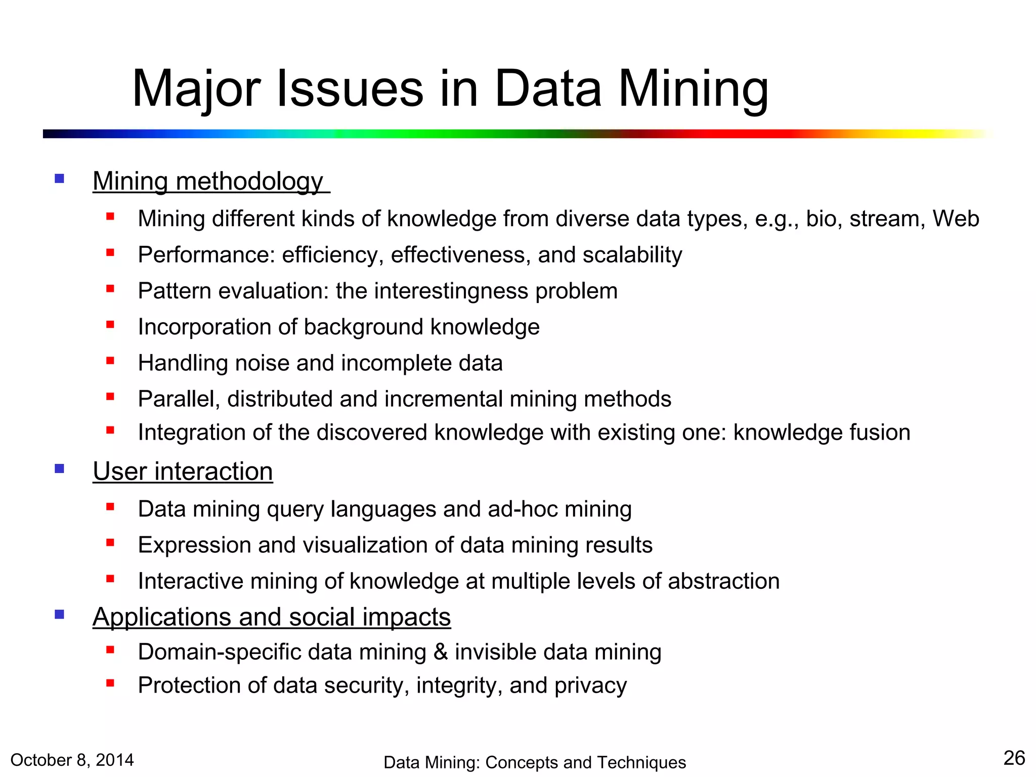 Major Issues in Data Mining 
 Mining methodology 
 Mining different kinds of knowledge from diverse data types, e.g., bio, stream, Web 
 Performance: efficiency, effectiveness, and scalability 
 Pattern evaluation: the interestingness problem 
 Incorporation of background knowledge 
 Handling noise and incomplete data 
 Parallel, distributed and incremental mining methods 
 Integration of the discovered knowledge with existing one: knowledge fusion 
 User interaction 
 Data mining query languages and ad-hoc mining 
 Expression and visualization of data mining results 
 Interactive mining of knowledge at multiple levels of abstraction 
 Applications and social impacts 
 Domain-specific data mining & invisible data mining 
 Protection of data security, integrity, and privacy 
October 8, 2014 Data Mining: Concepts and Techniques 26 
 