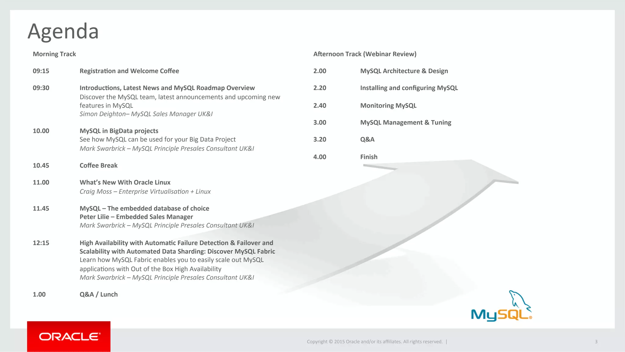 Copyright	
  ©	
  2015	
  Oracle	
  and/or	
  its	
  aﬃliates.	
  All	
  rights	
  reserved.	
  	
  |	
  
Agenda	
  
3	
  
Morning	
  Track	
  
	
  
09:15 	
  Registra5on	
  and	
  Welcome	
  Coﬀee	
  
	
  	
  
09:30	
   	
  Introduc5ons,	
  Latest	
  News	
  and	
  MySQL	
  Roadmap	
  Overview	
  
	
  Discover	
  the	
  MySQL	
  team,	
  latest	
  announcements	
  and	
  upcoming	
  new	
  
	
  features	
  in	
  MySQL	
  	
  
	
  Simon	
  Deighton–	
  MySQL	
  Sales	
  Manager	
  UK&I	
  
	
  	
  
10.00 	
  MySQL	
  in	
  BigData	
  projects 	
  	
  
	
  See	
  how	
  MySQL	
  can	
  be	
  used	
  for	
  your	
  Big	
  Data	
  Project 	
  	
  
	
  Mark	
  Swarbrick	
  –	
  MySQL	
  Principle	
  Presales	
  Consultant	
  UK&I	
  
	
  	
  
10.45 	
  Coﬀee	
  Break	
  
	
  	
  
11.00 	
  What’s	
  New	
  With	
  Oracle	
  Linux	
  
	
  Craig	
  Moss	
  –	
  Enterprise	
  VirtualisaCon	
  +	
  Linux	
  
	
  	
  
11.45 	
  MySQL	
  –	
  The	
  embedded	
  database	
  of	
  choice	
  
	
  Peter	
  Lilie	
  –	
  Embedded	
  Sales	
  Manager	
   	
  	
  
	
  Mark	
  Swarbrick	
  –	
  MySQL	
  Principle	
  Presales	
  Consultant	
  UK&I	
  
	
  
12:15 	
  High	
  Availability	
  with	
  Automa5c	
  Failure	
  Detec5on	
  &	
  Failover	
  and	
  
	
  Scalability	
  with	
  	
  Automated	
  Data	
  Sharding:	
  Discover	
  MySQL	
  Fabric	
  
	
  Learn	
  how	
  MySQL	
  Fabric	
  enables	
  you	
  to	
  easily	
  scale	
  out	
  MySQL	
  
	
  applicaJons	
  with	
  Out	
  of	
  the	
  Box	
  High	
  Availability	
  
	
  Mark	
  Swarbrick	
  –	
  MySQL	
  Principle	
  Presales	
  Consultant	
  UK&I	
  
	
  	
  
1.00 	
  Q&A	
  /	
  Lunch	
  
	
  	
  
	
  
	
  
Aernoon	
  Track	
  (Webinar	
  Review)	
  
	
  
2.00 	
  MySQL	
  Architecture	
  &	
  Design	
  
	
  	
  
2.20 	
  Installing	
  and	
  conﬁguring	
  MySQL	
  
	
  	
  
2.40 	
  Monitoring	
  MySQL	
  
	
  	
  
3.00 	
  MySQL	
  Management	
  &	
  Tuning	
  
	
  	
  
3.20	
   	
  Q&A	
  
	
  	
  
4.00 	
  Finish	
  
	
  	
  
	
  
	
  
 