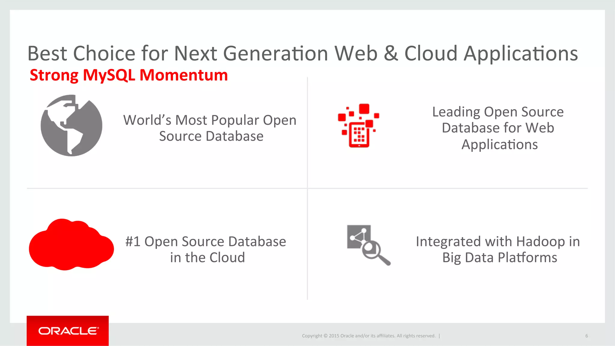 Copyright	
  ©	
  2015	
  Oracle	
  and/or	
  its	
  aﬃliates.	
  All	
  rights	
  reserved.	
  	
  |	
  
	
  
	
  
Best	
  Choice	
  for	
  Next	
  GeneraJon	
  Web	
  &	
  Cloud	
  ApplicaJons	
  
World’s	
  Most	
  Popular	
  Open	
  
Source	
  Database	
  
Leading	
  Open	
  Source	
  
Database	
  for	
  Web	
  
ApplicaJons	
  
#1	
  Open	
  Source	
  Database	
  
in	
  the	
  Cloud	
  
Integrated	
  with	
  Hadoop	
  in	
  
Big	
  Data	
  Plaborms	
  
Strong	
  MySQL	
  Momentum	
  
6	
  
 