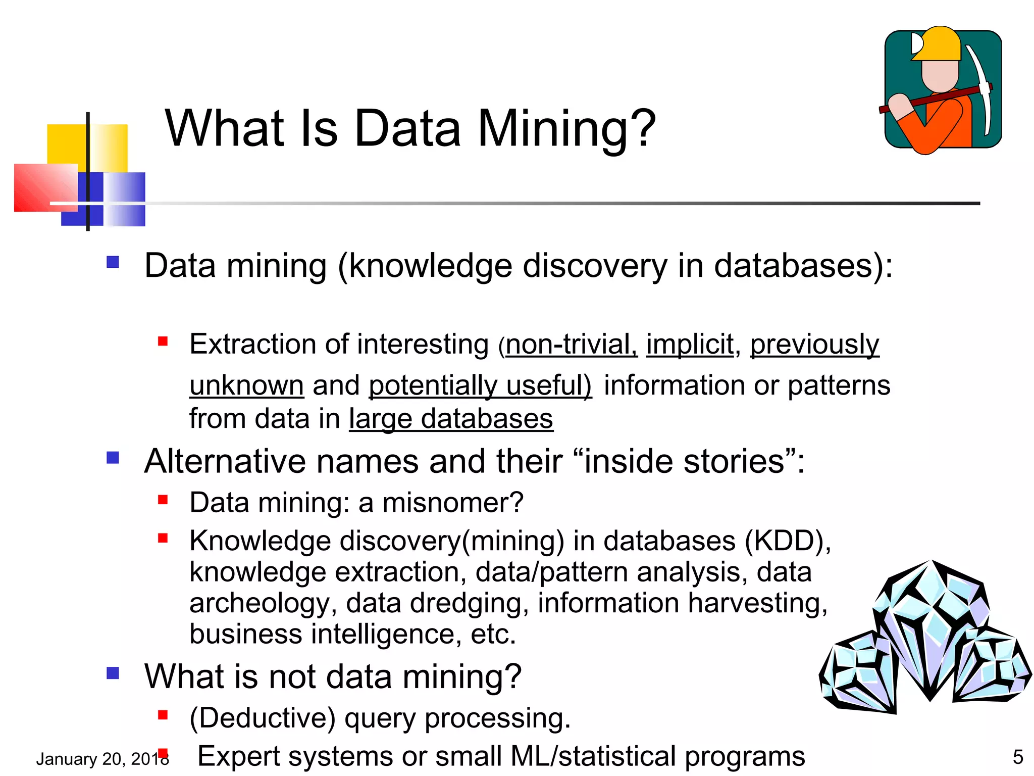 January 20, 2018 5
What Is Data Mining?
 Data mining (knowledge discovery in databases):
 Extraction of interesting (non-trivial, implicit, previously
unknown and potentially useful) information or patterns
from data in large databases
 Alternative names and their “inside stories”:
 Data mining: a misnomer?
 Knowledge discovery(mining) in databases (KDD),
knowledge extraction, data/pattern analysis, data
archeology, data dredging, information harvesting,
business intelligence, etc.
 What is not data mining?
 (Deductive) query processing.
 Expert systems or small ML/statistical programs
 