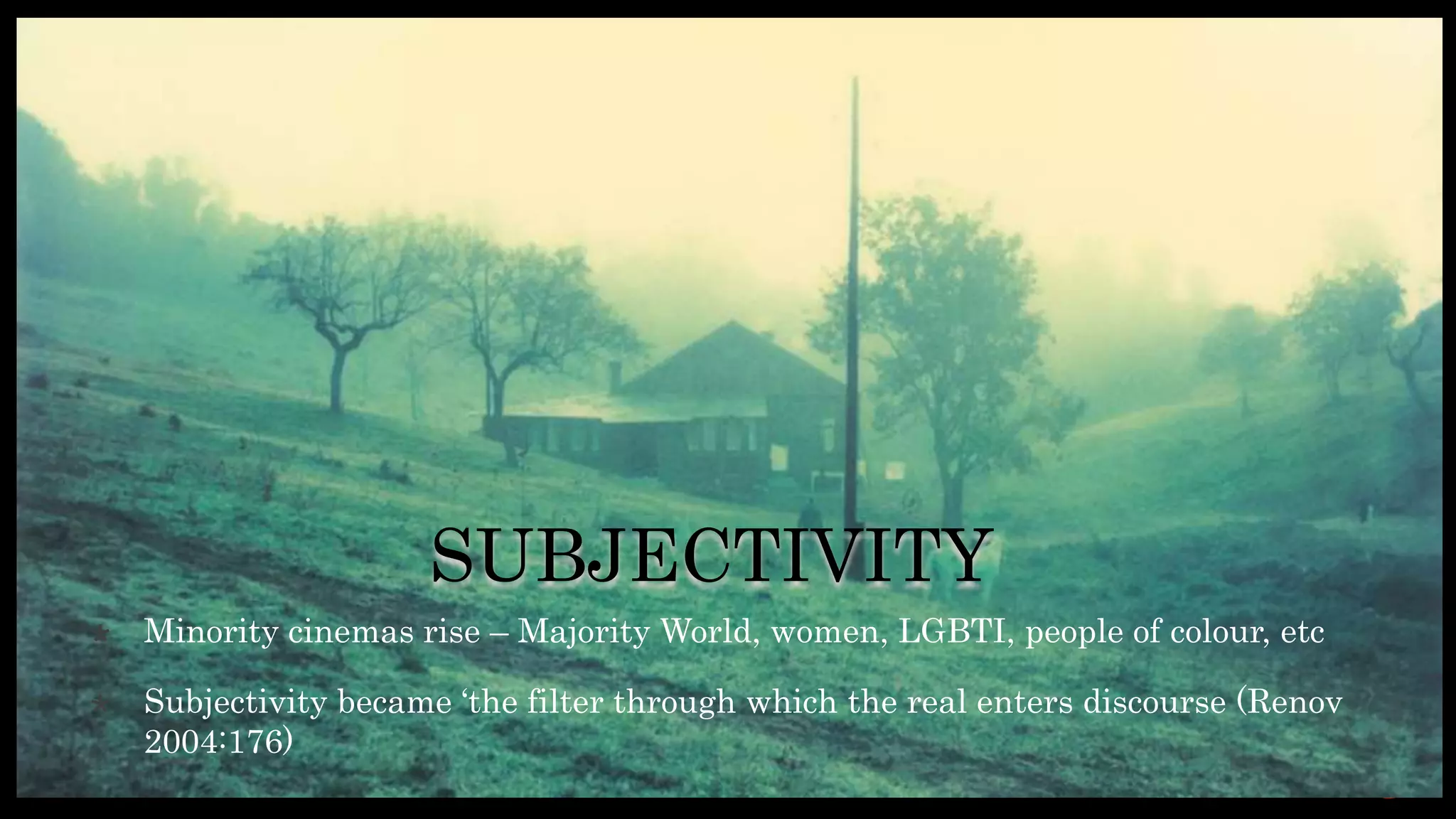 SUBJECTIVITY
 Minority cinemas rise – Majority World, women, LGBTI, people of colour, etc
 Subjectivity became ‘the filter through which the real enters discourse (Renov
2004:176)
 