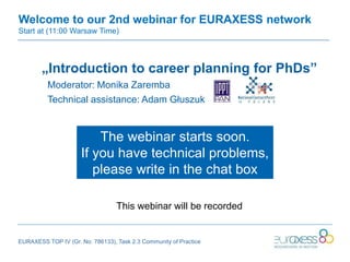 Welcome to our 2nd webinar for EURAXESS network
Start at (11:00 Warsaw Time)
„Introduction to career planning for PhDs”
Moderator: Monika Zaremba
Technical assistance: Adam Głuszuk
This webinar will be recorded
EURAXESS TOP IV (Gr. No: 786133), Task 2.3 Community of Practice
The webinar starts soon.
If you have technical problems,
please write in the chat box
 