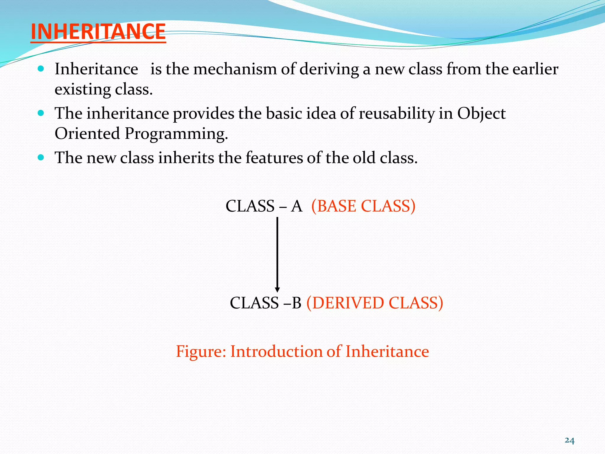 INHERITANCE
 Inheritance is the mechanism of deriving a new class from the earlier
existing class.
 The inheritance provides the basic idea of reusability in Object
Oriented Programming.
 The new class inherits the features of the old class.
CLASS – A (BASE CLASS)
CLASS –B (DERIVED CLASS)
Figure: Introduction of Inheritance
24
 