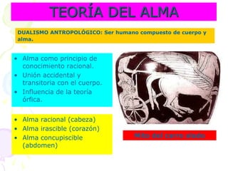 TEORÍA DEL ALMA
• Alma como principio de
conocimiento racional.
• Unión accidental y
transitoria con el cuerpo.
• Influencia de la teoría
órfica.
• Alma racional (cabeza)
• Alma irascible (corazón)
• Alma concupiscible
(abdomen)
DUALISMO ANTROPOLÓGICO: Ser humano compuesto de cuerpo y
alma.
Mito del carro alado
 