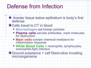 Defense from Infection
  Areolar tissue below epithelium is body’s first
 defense
 Cells travel to CT in blood
     Macrophages-eat foreign particles
     Plasma cells-secrete antibodies, mark molecules
      for destruction
     Mast cells-contain chemical mediators for
      inflammation response
     White Blood Cells = neutrophils, lymphocytes,
      eosinophils-fight infection
 Ground substance + cell fibers-slow invading
 microorganisms
 