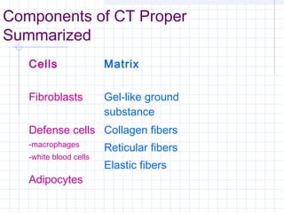 Components of CT Proper
Summarized
   Cells                Matrix

   Fibroblasts          Gel-like ground
                        substance
   Defense cells Collagen fibers
   -macrophages
                        Reticular fibers
   -white blood cells
                        Elastic fibers
   Adipocytes
 