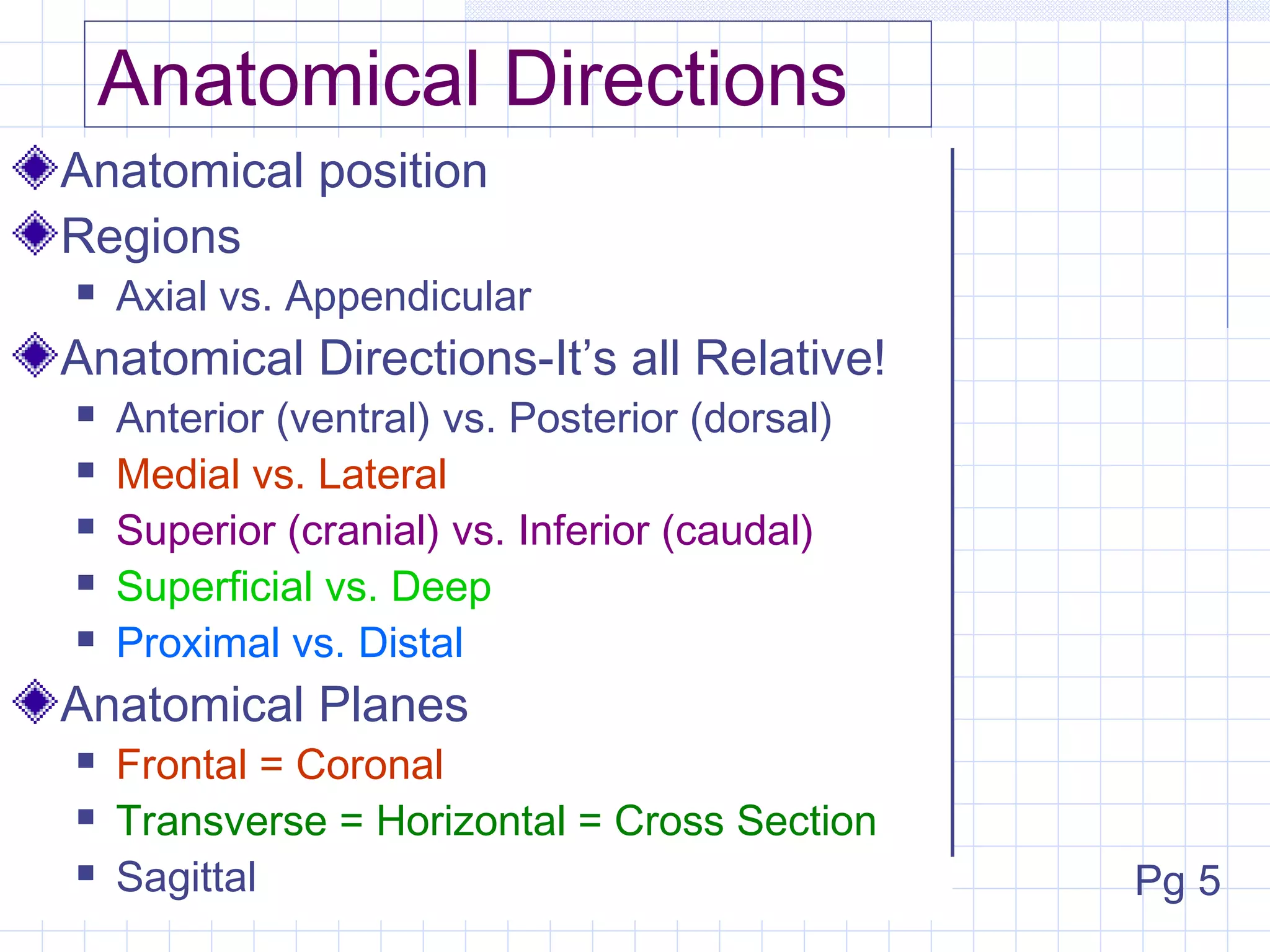 Anatomical Directions
Anatomical position
Regions
   Axial vs. Appendicular
Anatomical Directions-It’s all Relative!
   Anterior (ventral) vs. Posterior (dorsal)
   Medial vs. Lateral
   Superior (cranial) vs. Inferior (caudal)
   Superficial vs. Deep
   Proximal vs. Distal
Anatomical Planes
   Frontal = Coronal
   Transverse = Horizontal = Cross Section
   Sagittal                                    Pg 5
 