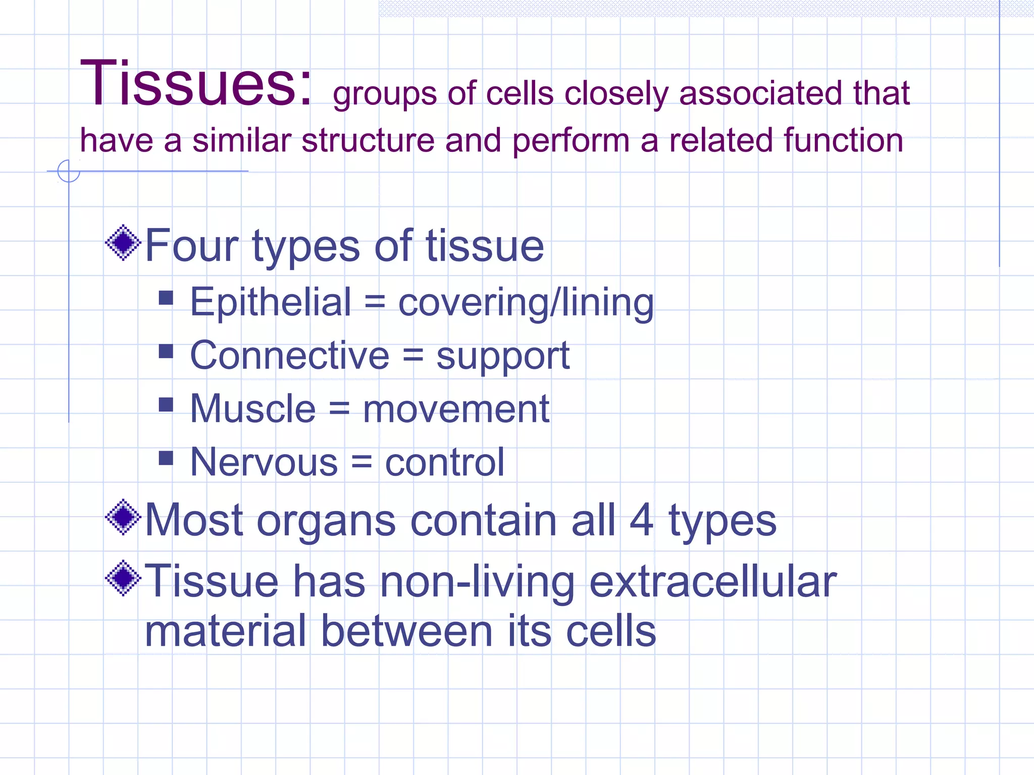 Tissues: groups of cells closely associated that
have a similar structure and perform a related function


    Four types of tissue
        Epithelial = covering/lining
        Connective = support
        Muscle = movement
        Nervous = control
    Most organs contain all 4 types
    Tissue has non-living extracellular
    material between its cells
 