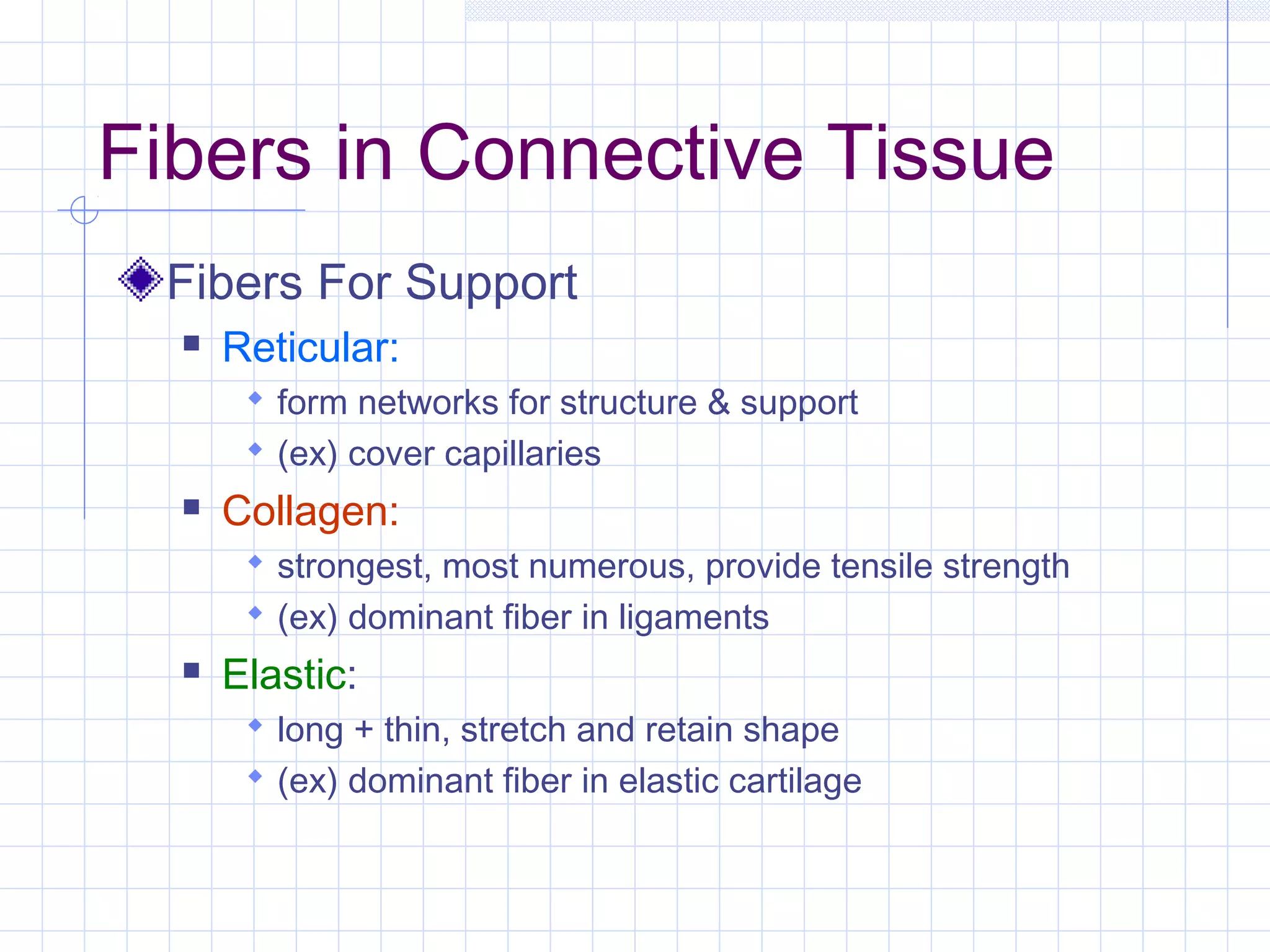 Fibers in Connective Tissue
 Fibers For Support
     Reticular:
        form networks for structure & support
        (ex) cover capillaries
     Collagen:
        strongest, most numerous, provide tensile strength
        (ex) dominant fiber in ligaments
     Elastic:
        long + thin, stretch and retain shape
        (ex) dominant fiber in elastic cartilage
 