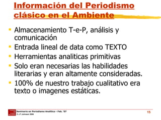 Información del Periodismo clásico en el Ambiente Almacenamiento T-e-P, análisis y comunicación Entrada lineal de data como TEXTO Herramientas analiticas primitivas Solo eran necesarias las habilidades literarias y eran altamente consideradas. 100% de nuestro trabajo cualitativo era texto o imagenes estáticas. 