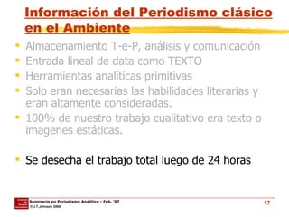 Información del Periodismo clásico en el Ambiente Almacenamiento T-e-P, análisis y comunicación Entrada lineal de data como TEXTO Herramientas analíticas primitivas Solo eran necesarias las habilidades literarias y eran altamente consideradas. 100% de nuestro trabajo cualitativo era texto o imagenes estáticas. Se desecha el trabajo total luego de 24 horas 