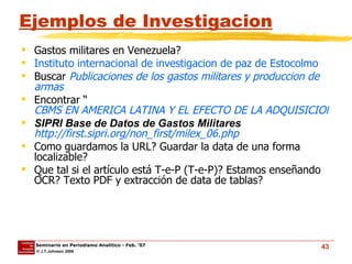 Ejemplos de Investigacion Gastos militares en Venezuela? Instituto   internacional  de  investigacion  de  paz  de  Estocolmo   Buscar  Publicaciones  de  los   gastos   militares  y  produccion  de  armas Encontrar “ CBMS EN AMERICA LATINA Y EL EFECTO DE LA ADQUISICION DE ARMAS POR PARTE DE VENEZUELA (WP)”  SIPRI Base de Datos de Gastos Militares   http://first.sipri.org/non_first/milex_06.php Como guardamos la URL? Guardar la data de una forma localizable? Que tal si el artículo está T-e-P (T-e-P)? Estamos enseñando OCR? Texto PDF y extracción de data de tablas? 