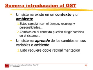 Somera introduccion al GST Un sistema existe en un  contexto  y un  ambiente Estos cambian con el tiempo, recursos y personalidades… Cambios en el contexto pueden dirigir cambios en el sistema… Un sistema  aprende  de los cambios en sus variables o ambiente Esto requiere doble retroalimentacion 