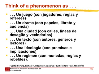 Think of a phenomenon as . . . . . . Un juego (con jugadores, reglas y referees) . . . Un drama (con papeles, libreto y audiencia) . . . Una ciudad (con calles, lineas de desagüe y vecindarios) . . . Un texto (con autores, generos y lectores) . . . Una ideologia (con premisas e implicaciones) . . . Un regimen (con monedas, reglas y rebeldes). Fuente: Horwitz, Richard P. http://twist.lib.uiowa.edu/rhorwitz/rootsas.htm ©2000 
