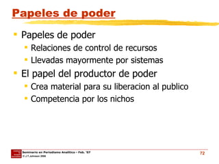Papeles de poder Papeles de poder Relaciones de control de recursos Llevadas mayormente por sistemas El papel del productor de poder Crea material para su liberacion al publico Competencia por los nichos 