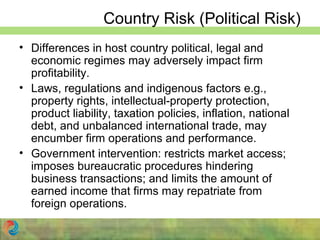 Country Risk (Political Risk)
• Differences in host country political, legal and
economic regimes may adversely impact firm
profitability.
• Laws, regulations and indigenous factors e.g.,
property rights, intellectual-property protection,
product liability, taxation policies, inflation, national
debt, and unbalanced international trade, may
encumber firm operations and performance.
• Government intervention: restricts market access;
imposes bureaucratic procedures hindering
business transactions; and limits the amount of
earned income that firms may repatriate from
foreign operations.
 