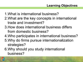 Learning Objectives
1.What is international business?
2.What are the key concepts in international
trade and investment?
3.How does international business differs
from domestic business?
4.Who participates in international business?
5.Why do firms pursue internationalization
strategies?
6.Why should you study international
business?
 