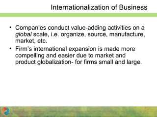 Internationalization of Business
• Companies conduct value-adding activities on a
global scale, i.e. organize, source, manufacture,
market, etc.
• Firm’s international expansion is made more
compelling and easier due to market and
product globalization- for firms small and large.
 