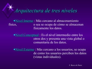 Arquitectura de tres niveles Nivel Interno  : Más cercano al almacenamiento físico,  o sea se ocupa de cómo se almacenan  físicamente los datos. Nivel Conceptual  : Es el nivel intermedio entre los  otros dos y presenta una vista global o  comunitaria de los datos.  Nivel Externo  : Más cercano a los usuarios, se ocupa  de como los usuarios perciben los datos  (vistas individuales).  