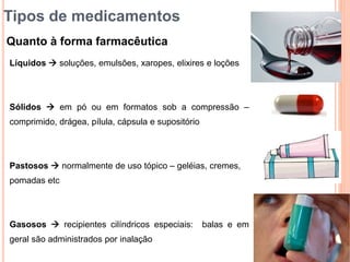 Tipos de medicamentos
Quanto à forma farmacêutica
Líquidos  soluções, emulsões, xaropes, elixires e loções
Sólidos  em pó ou em formatos sob a compressão –
comprimido, drágea, pílula, cápsula e supositório
Pastosos  normalmente de uso tópico – geléias, cremes,
pomadas etc
Gasosos  recipientes cilíndricos especiais: balas e em
geral são administrados por inalação
 