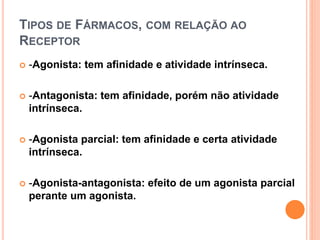 TIPOS DE FÁRMACOS, COM RELAÇÃO AO
RECEPTOR
 -Agonista: tem afinidade e atividade intrínseca.
 -Antagonista: tem afinidade, porém não atividade
intrínseca.
 -Agonista parcial: tem afinidade e certa atividade
intrínseca.
 -Agonista-antagonista: efeito de um agonista parcial
perante um agonista.
 