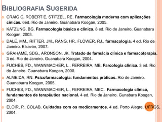 BIBLIOGRAFIA SUGERIDA
 CRAIG C, ROBERT E, STITZEL, RE. Farmacologia moderna com aplicações
cínicas. 6ed. Rio de Janeiro. Guanabara Koogan, 2005.
 KATZUNG, BG. Farmacologia básica e clínica. 8 ed. Rio de Janeiro. Guanabara
Koogan, 2003.
 DALE, MM., RITTER, JM., RANG, HP., FLOWER, RJ., farmacologia. 4 ed. Rio de
Janeiro. Elsevier, 2007.
 GRAHAME, SDG., ARONSON, JK. Tratado de farmácia clínica e farmacoterapia.
3 ed. Rio de Janeiro. Guanabara Koogan, 2004.
 FUCHES, FD., WANNMACHER, L., FERREIRA, MB. Farcologia clínica. 3 ed. Rio
de Janeiro. Guanabara Koogan, 2000.
 ALMEIDA, RN. Psicofarmacologia: fundamentos práticos. Rio de Janeiro.
Guanabarra Koogan, 2005.
 FUCHES, FD., WANNMACHER, L., FERREIRA, MBC. Farmacologia clínica,
fundamentos de terapêutica nacional. 4 ed. Rio de Janeiro. Gunabara Koogan,
2004.
 ELOIR, P., COLAB. Cuidados com os medicamentos. 4 ed. Porto Alegre. UFRGS,
2004.
 