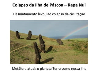 Colapso da Ilha de Páscoa – Rapa Nui
Desmatamento levou ao colapso da civilização
Metáfora atual: o planeta Terra como nossa ilha
 