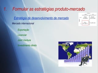 Formular as estratégias produto-mercado Estratégia de desenvolvimento de mercado   Mercado internacional Exportação Licenciar Joint Venture Investimento direto 