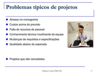 Problemas típicos de projetosAtrasos no cronogramaCustos acima do previstoFalta de recursos de pessoalConhecimento técnico insuficiente da equipeMudanças de requisitos e especificaçõesQualidade abaixo da esperadaProjetos que são cancelados14Fladhimyr Castello, PMP, CSM