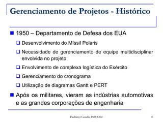 Gerenciamento de Projetos - Histórico1950 – Departamento de Defesa dos EUADesenvolvimento do Míssil PolarisNecessidade de gerenciamento de equipe multidisciplinar envolvida no projetoEnvolvimento de complexa logística do ExércitoGerenciamento do cronogramaUtilização de diagramas Gantt e PERTApós os militares, vieram as indústrias automotivas e as grandes corporações de engenharia16Fladhimyr Castello, PMP, CSM