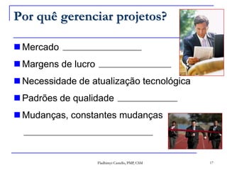 Por quê gerenciar projetos?Mercado muito competitivoMargens de lucro cada vez menores Necessidade de atualização tecnológicaPadrões de qualidade mais exigentesMudanças, constantes mudançasUma questão de sobrevivência17Fladhimyr Castello, PMP, CSM____________________________________________________________________________________________________________