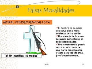 Falsas Moralidades
MORAL CONSECUENCIALISTA
                                          El hombre ha de saber
                                          que actúa bien o mal al
                                          comienzo de su acción
                                          Una ciencia de la moral
                                          no puede sustentarse en
                                          solas posibilidades.
                                          Una consecuencia puede
                                          ser a su vez causa de
                                          una nueva consecuencia,
                                          y ésta a su vez de otra,
“el fin justifica los medios”             y así sucesivamente.


                                T.Moral                            14
 