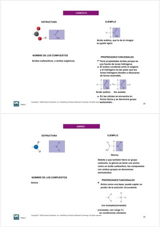 ESTRUCTURA                                EJEMPLO




                                                   Acido acético, que le da al vinagre
                                                   su gusto agrio.




          NOMBRE DE LOS COMPUESTOS
                                                       PROPIEDADES FUNCIONALES
         Acidos carboxílicos, o ácidos orgánicos      Tiene propiedades ácidas porque es
                                                      una fuente de iones hidrógeno.
                                                      El enlace covalente entre el oxígeno
                                                      y el hidrógeno es tan polar que los
                                                      iones hidrógeno tienden a disociarse
                                                      de forma reversible,




                                                   Acido acético     Ion acetato
                                                      En las células se encuentra en
                                                      forma iónica y se denomina grupo
                                                      carboxilato .
Tema 1
                                                                                              24




                 ESTRUCTURA                                  EJEMPLO




                                                                   Glicina

                                                    Debido a que también tiene un grupo
                                                    carboxilo, la glicina es tanto una amina
                                                    como un ácido carboxílico; los compuestos
                                                    con ambos grupos se denominan
                                                    aminoácidos

         NOMBRE DE LOS COMPUESTOS
                                                        PROPIEDADES FUNCIONALES
         Amina
                                                       Actúa como una base; puede captar un
                                                       protón de la solución circundante:




                                                        (no ionizado) (ionizado)

                                                      ionizado, con carga 1+,
                                                      en condiciones celulares

Tema 1
                                                                                              25
 