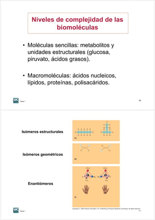 Niveles de complejidad de las
                  biomoléculas

   • Moléculas sencillas: metabolitos y
     unidades estructurales (glucosa,
     piruvato, ácidos grasos).

   • Macromoléculas: ácidos nucleicos,
     lípidos, proteínas, polisacáridos.


Tema 1
                                          28




  Isómeros estructurales




   Isómeros geométricos




         Enantiómeros




Tema 1
                                          29
 