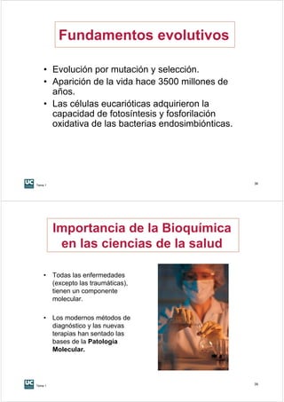 Fundamentos evolutivos

    • Evolución por mutación y selección.
    • Aparición de la vida hace 3500 millones de
      años.
    • Las células eucarióticas adquirieron la
      capacidad de fotosíntesis y fosforilación
      oxidativa de las bacterias endosimbiónticas.




Tema 1
                                                     38




         Importancia de la Bioquímica
          en las ciencias de la salud

    •    Todas las enfermedades
         (excepto las traumáticas),
         tienen un componente
         molecular.

    •    Los modernos métodos de
         diagnóstico y las nuevas
         terapias han sentado las
         bases de la Patología
         Molecular.




Tema 1
                                                     39
 